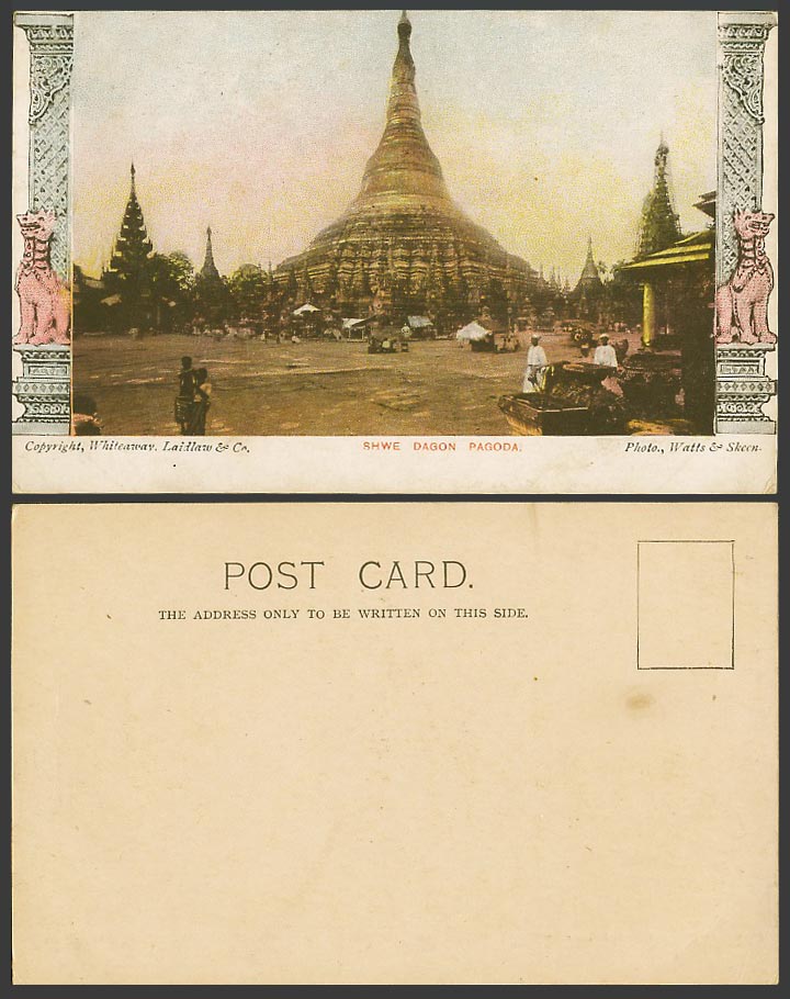 Burma Old Colour UB Postcard Shwe Dagon Pagoda, Rangoon, Burmese Temple Statues