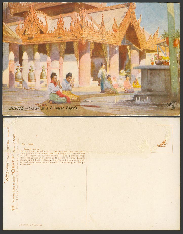 Burma Old Tuck's Oilette Postcard Native Women Prayer at a Burmese Pagoda Temple