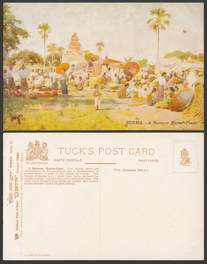 Burma Old Tuck's Oilette Postcard A Burmese Market Place Taungdwingyi Bazaar ART