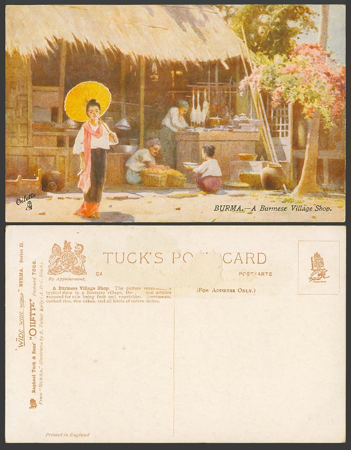 Burma Old Tuck's Oilette Postcard A Burmese Village Shop Woman by R Talbot Kelly