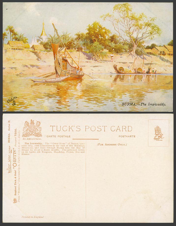 Burma Old Tuck's Oilette Postcard The Irrawaddy River Scene, Boats Temple Pagoda