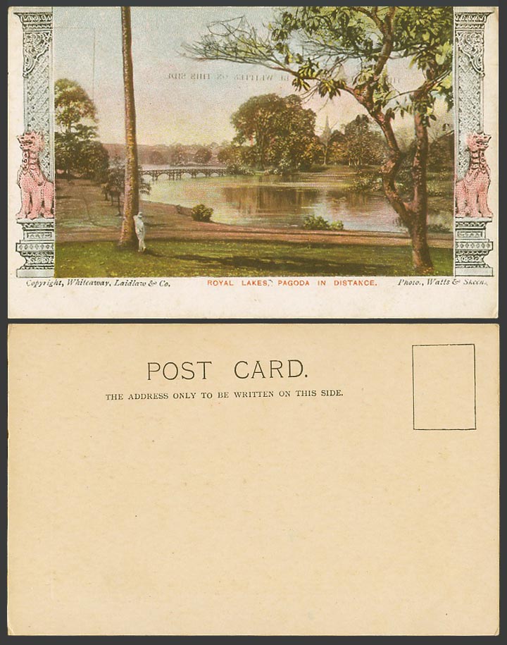 Burma Old Colour Postcard Royal Lakes Rangoon Pagoda in Distance, Bridge Statues
