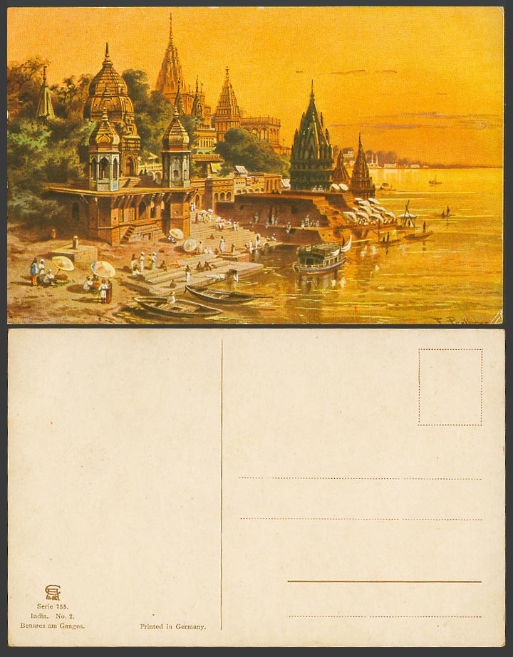 India F. Perlberg Artist Signed Old Postcard Benares am Ganges River Boat Temple