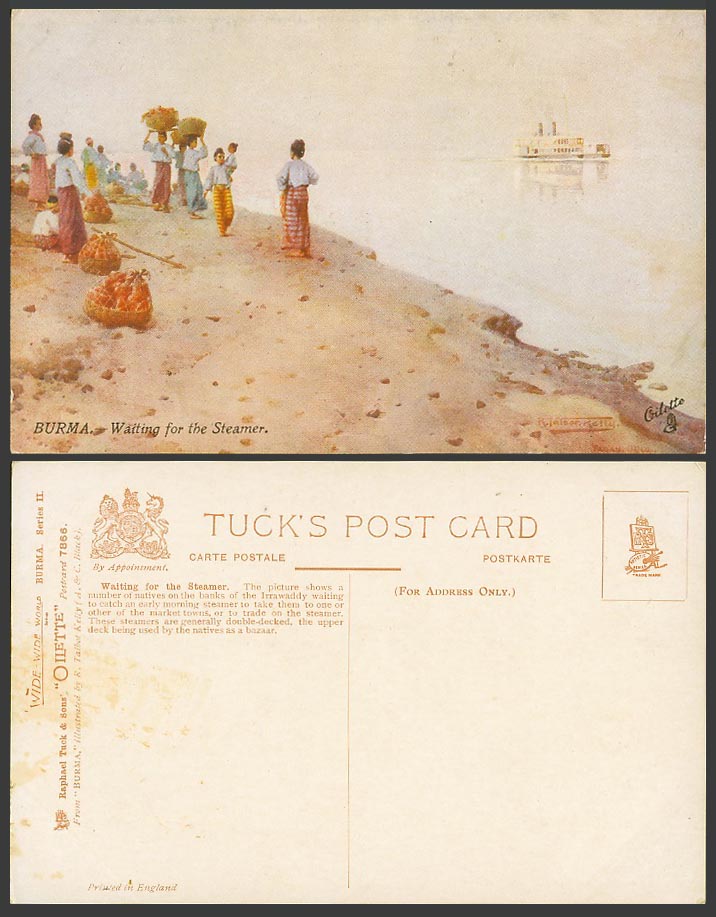 Burma Old Tuck's Oilette Postcard Natives Waiting for Steamer by Irrawaddy River