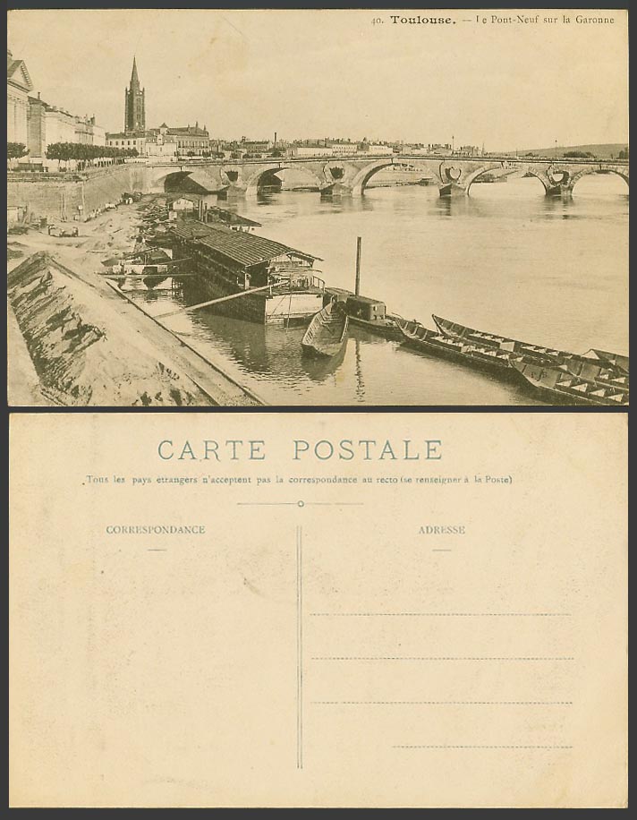 France Old Postcard Toulouse Le Pont-Neuf sur la Garonne Bridge over River Boats