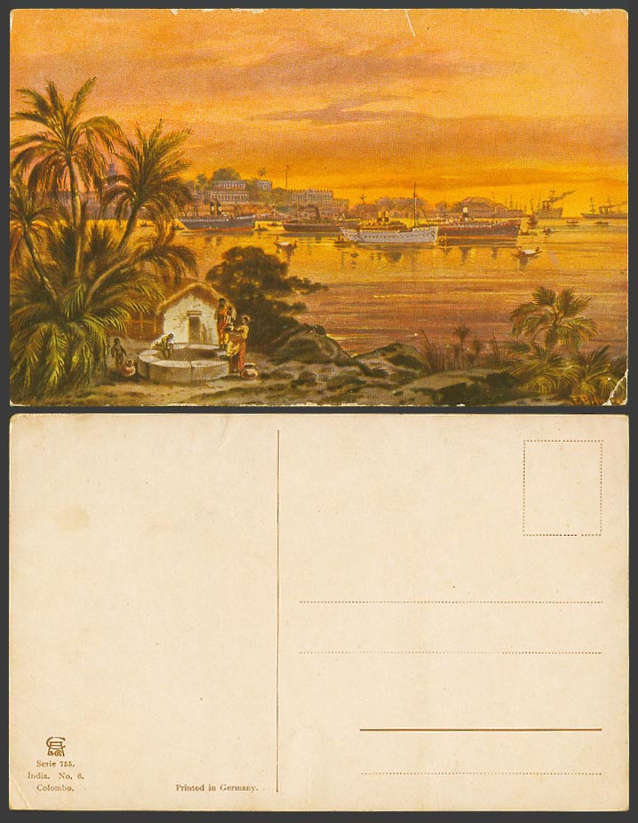 Ceylon F. Perlberg Old Postcard Colombo Harbour Ships Boats Palm Tree House Well