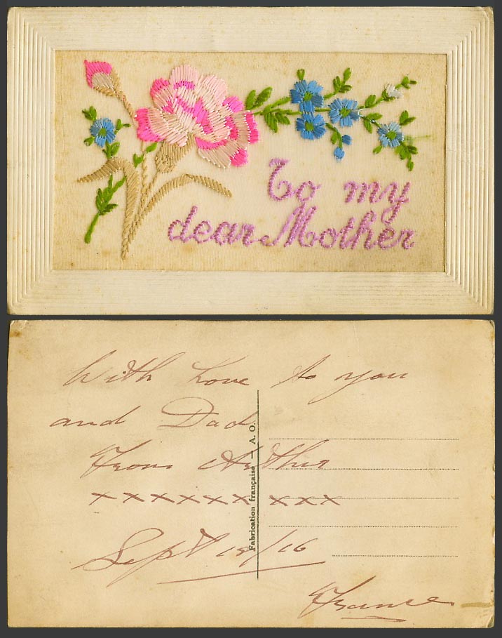 WW1 SILK Embroidered 1916 Old Postcard To My Dear Mother Carnation Flowers, A.O.