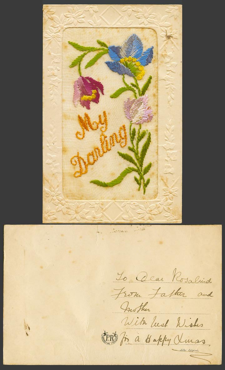 WW1 SILK Embroidered French Old Postcard My Darling, Flower Flowers Novelty P.R.