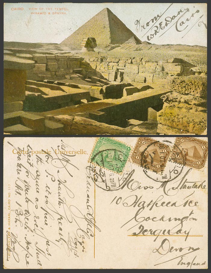 Egypt 1mx2 2m 1907 Old Colour Postcard Cairo Tempel Temple Pyramid Sphinx Sphynx
