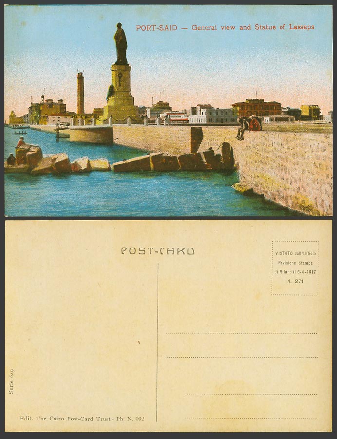 Egypt Old Colour Postcard Port Said General View & Statue of Lesseps, Lighthouse