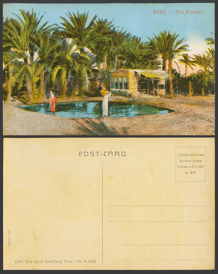 Egypt Old Colour Postcard SUEZ The Fountain, Woman Drawing Water Lake Palm Trees