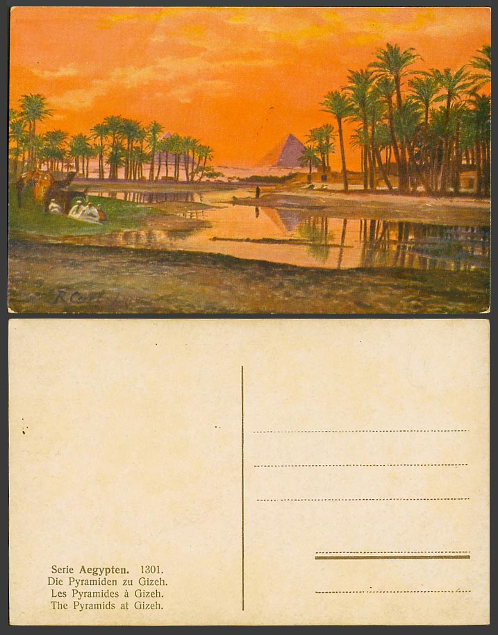 Egypt Artist Signed Old Postcard Pyramides Pyramids Gizeh Giza Palm Trees Sunset
