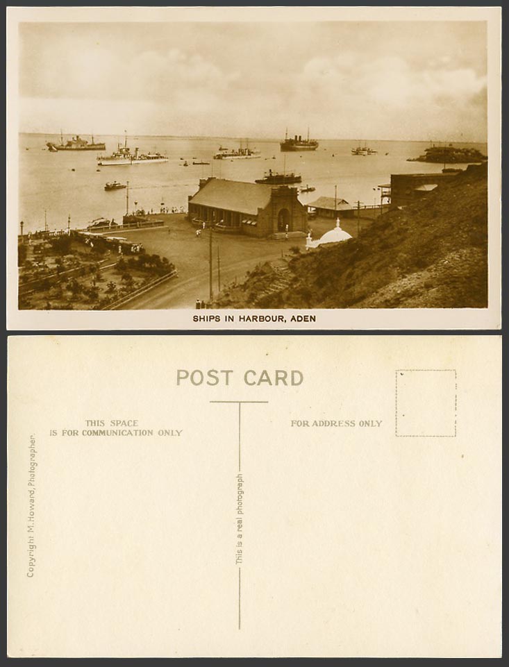 Aden Old Real Photo Postcard Ships in Harbour Steamer Warship Boats Street Scene