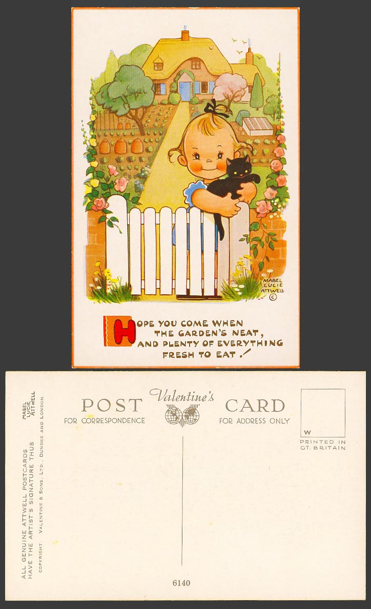 MABEL LUCIE ATTWELL Old Postcard Black Cat Hope You Come When Garden's Neat 6140