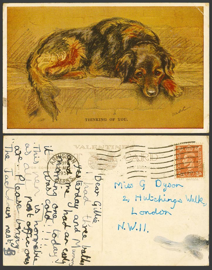 MAC Artist Signed KG6 2d 1950 Old Postcard Dog Puppy Thinking of You, Pet Animal