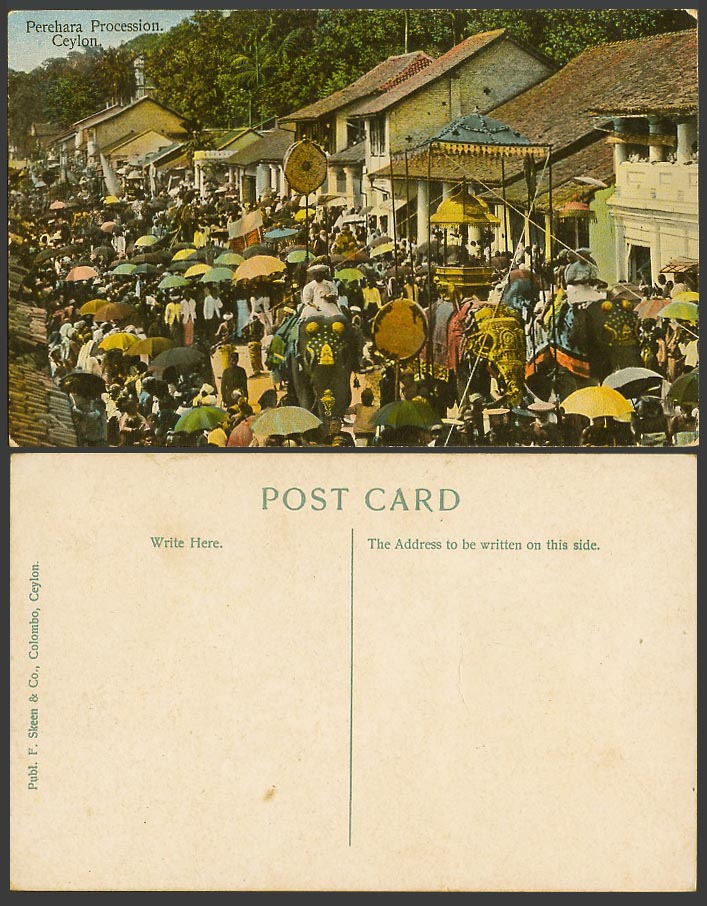 Ceylon Old Postcard Perehara Perahera Annual Buddhist Procession Kandy ELEPHANTS
