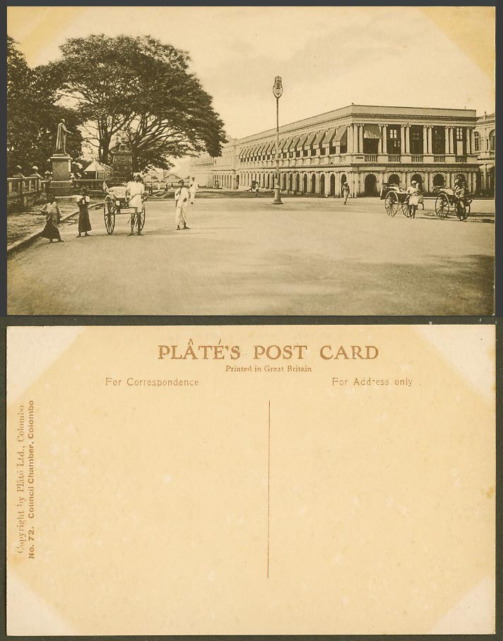 Ceylon Old Postcard Council Chamber Colombo Street Scene Rickshaw Native Coolies
