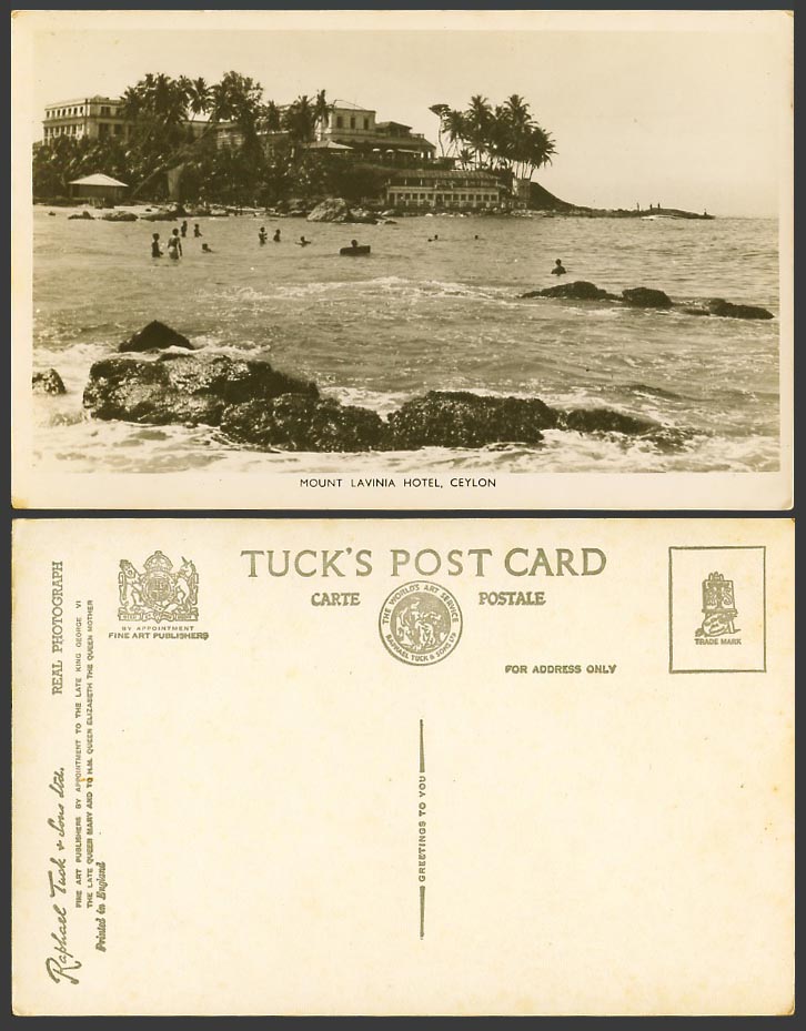 Ceylon Old Tuck's Real Photo Postcard Mount Lavinia Hotel, Bathers Bathing Rocks