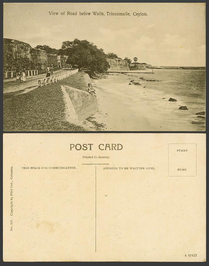 Ceylon Old Postcard View of Road below Walls Trincomalie, Beach Seaside Panorama
