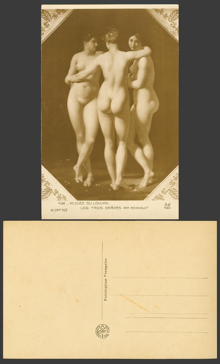 Les Trois Graces par Regnault Women, Musee Louvre Museum Old Real Photo Postcard