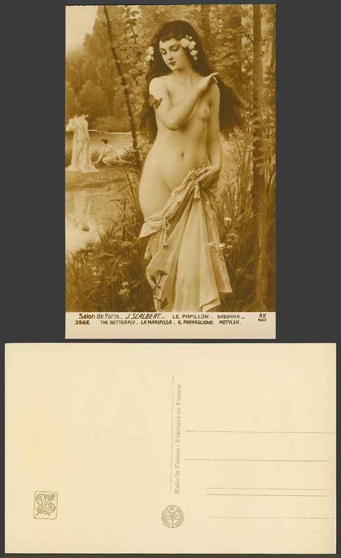 J. Scalbert The Butterfly Young Woman Lady Girl Bather Art Drawn Old RP Postcard