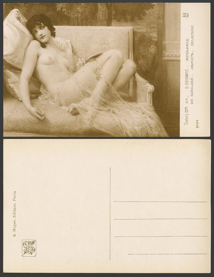 G. Seignac Indolence, Nude Naked Girl Woman Lady Erotic, Salon 1914 Old Postcard