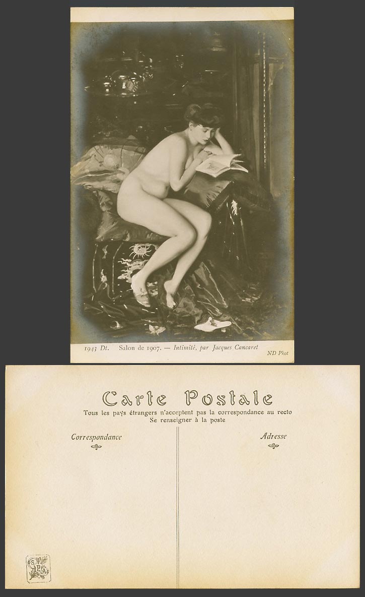 Nude Naked Woman Reading a Book, Intimite, Jacques Cancaret 1907 Old RP Postcard