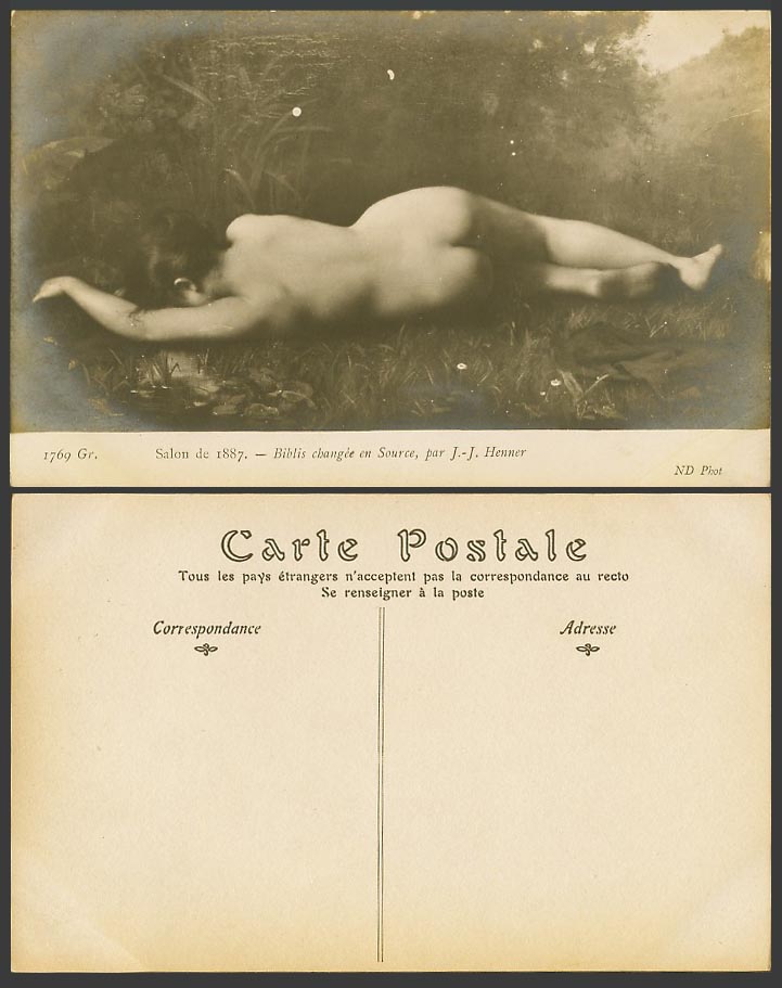 J.J. Henner Biblis changee en Source, Nude Salon de 1887 Old Real Photo Postcard