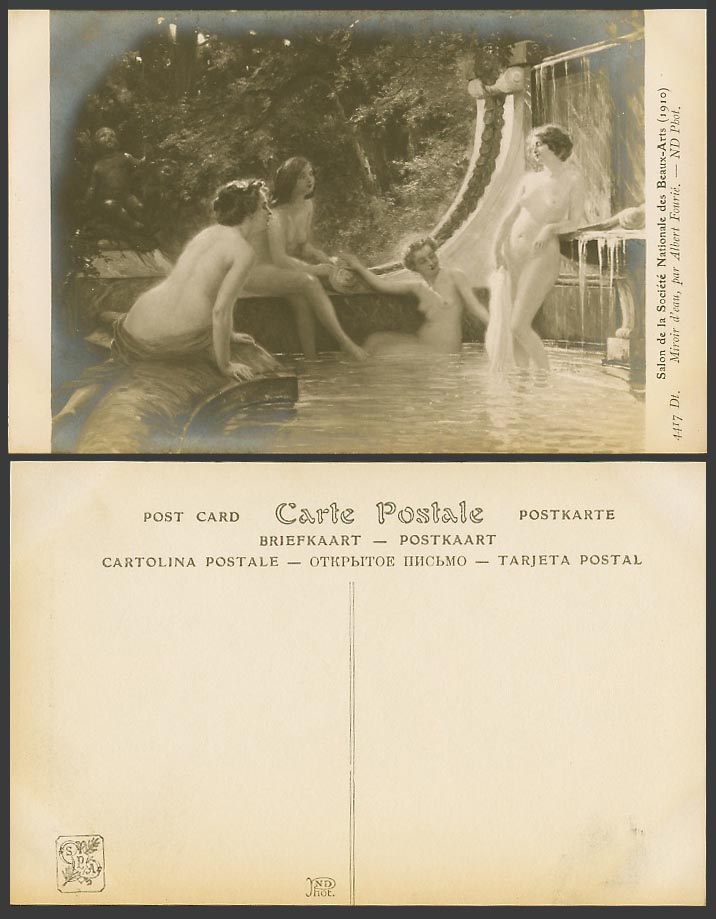 Nude Naked Bathers Miroir d'eau Albert Fourie Salon 1910 Old Real Photo Postcard