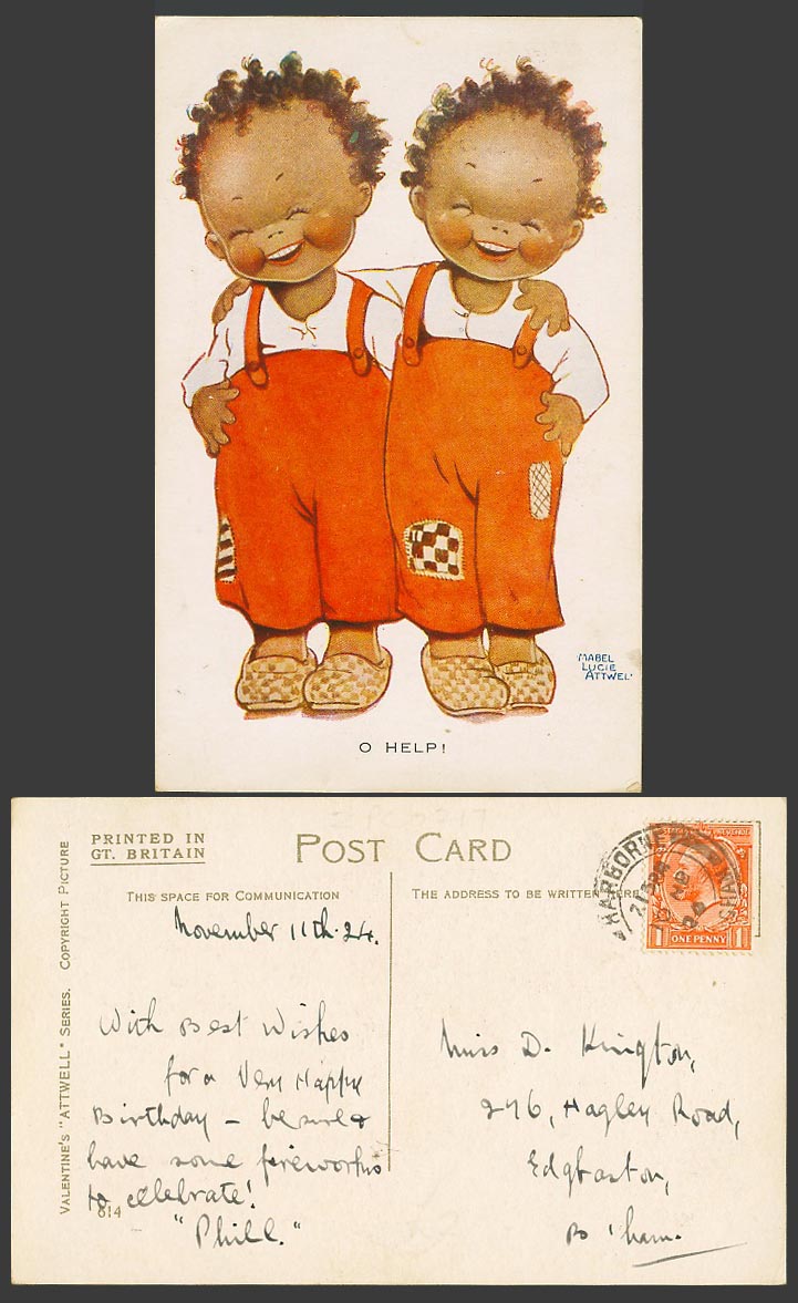 MABEL LUCIE ATTWELL 1926 Old Postcard O Help! Black Twin Boys or Girls Twins 614