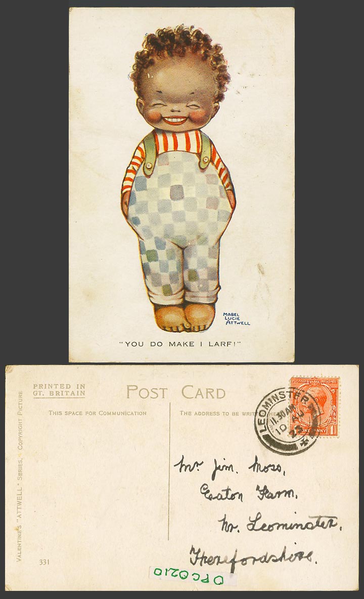 MABEL LUCIE ATTWELL 1923 Old Postcard Black Boy Girl You Do Make I Larf! No. 331