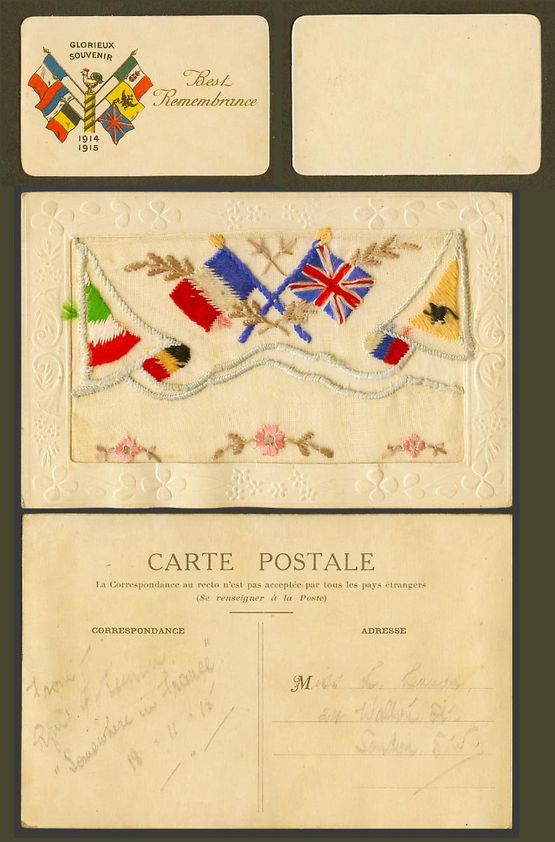 WW1 SILK Embroidered 1915 Old Postcard Flower Flags Best Remember Rooster Wallet