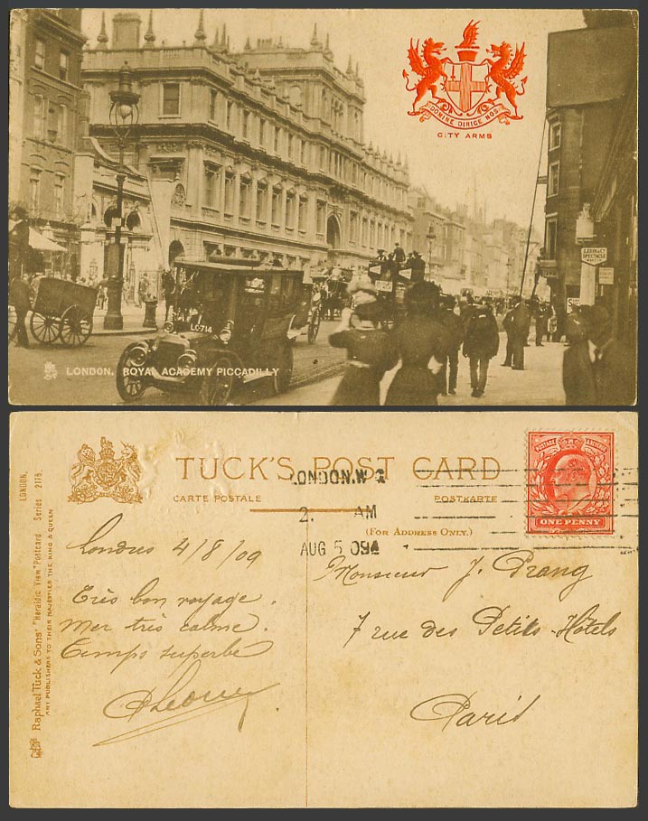 London 1909 Old Tuck's Postcard Royal Academy Piccadilly City Arms Old Motor Car