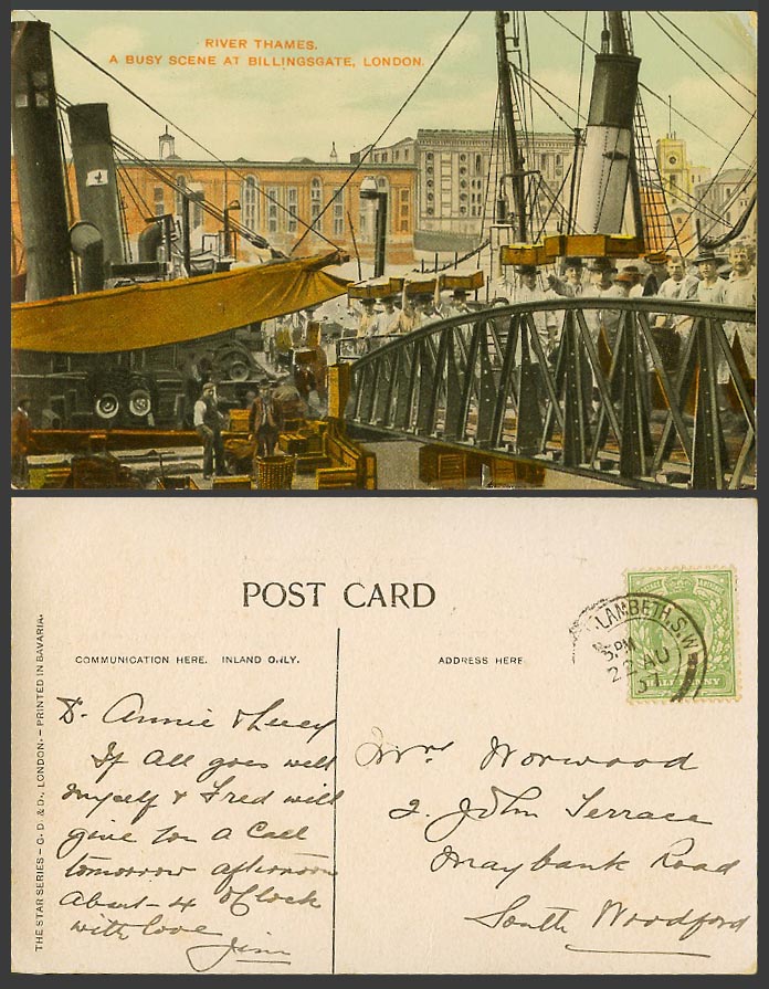 London 1907 Old Postcard River Times Busy Scene at Billingsgate Bridge Ship Boat