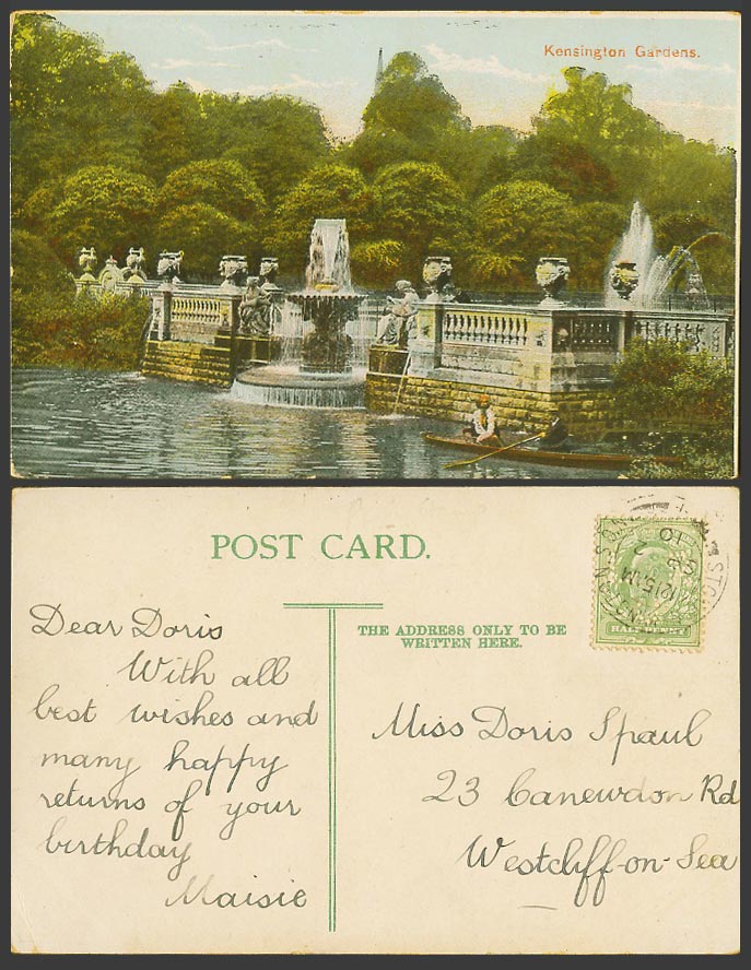 London, Kensington Gardens 1910 Old Postcard Fountain Statues Canoe Boat Boating