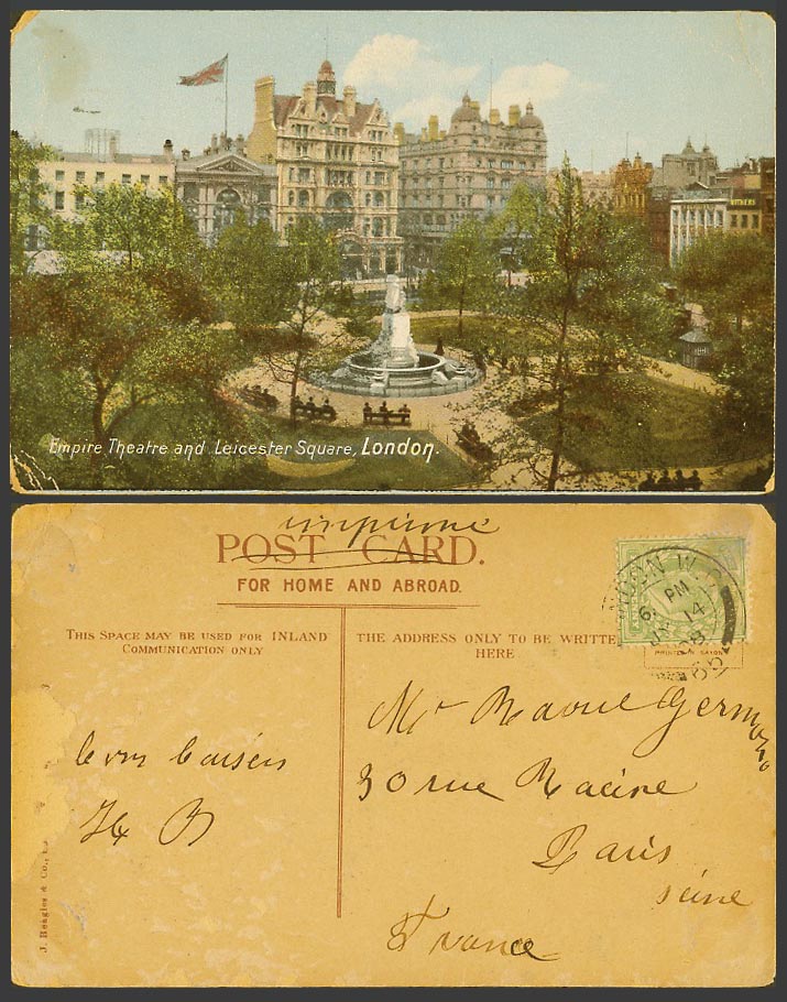 London 1908 Old Postcard Empire Theatre and Leicester Square Statue British Flag