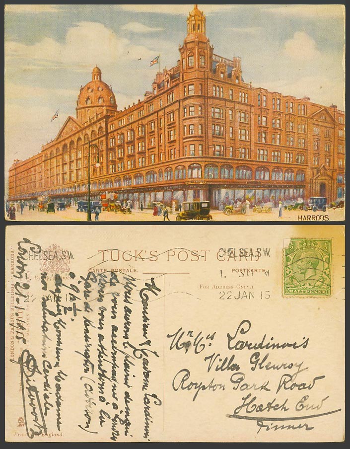 London 1915 Old Tuck's Oilette Postcard Harrods, London's Famous Buildings, Cars