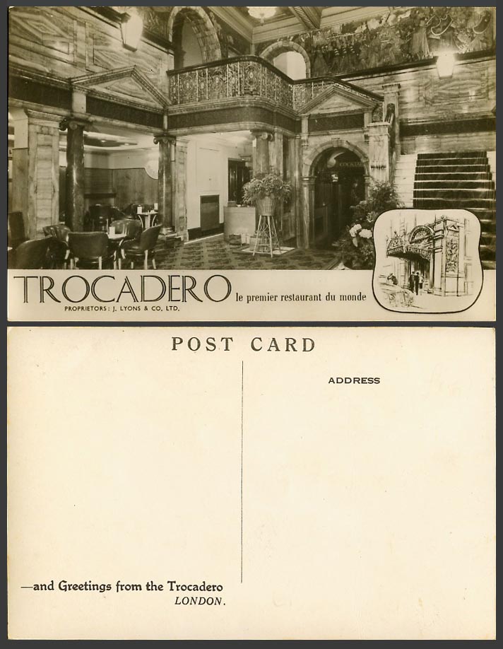 London Old Real Photo Postcard Trocadero First Premier Restaurant du Monde World