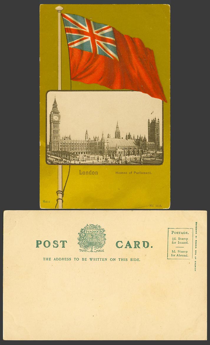 London Old Colour UB Postcard Houses of Parliament, Big Ben Clock Tower and Flag