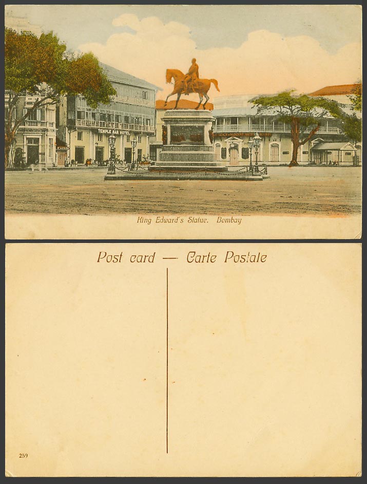 India Old Tinted Postcard King Edward Statue Bombay Horse Rider Temple Bar Hotel