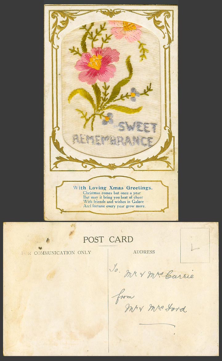 SILK Embroidered Old Postcard Sweet Remembrance Flowers w. Loving Xmas Greetings