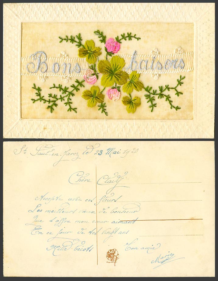 SILK Embroidered 1920 Old Postcard Bons baisers - Good Kisses, Flowers, Novelty