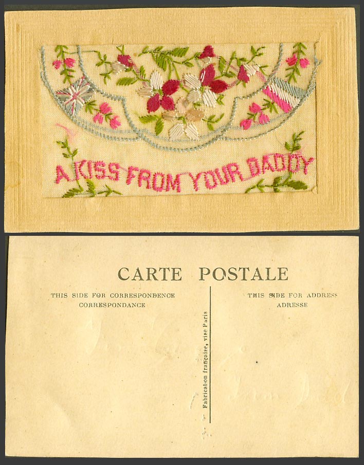 WW1 SILK Embroidered Old Postcard A Kiss from Your Daddy, Flowers, Empty Wallet