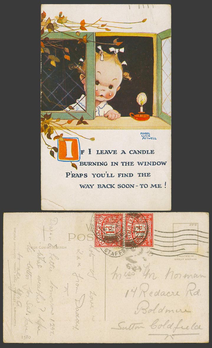 MABEL LUCIE ATTWELL P Dues 1935 Old Postcard Candle in Window Find Way Back 1580