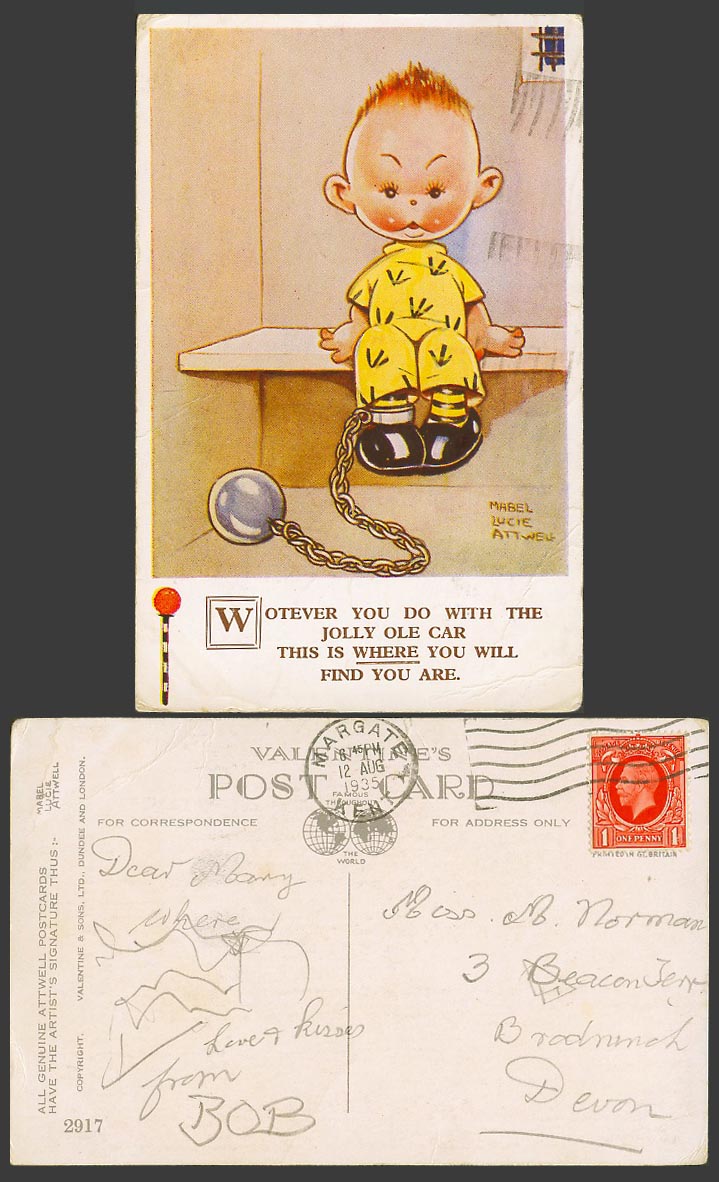MABEL LUCIE ATTWELL 1935 Old Postcard Where You Find You Are in Jail Prison 2917