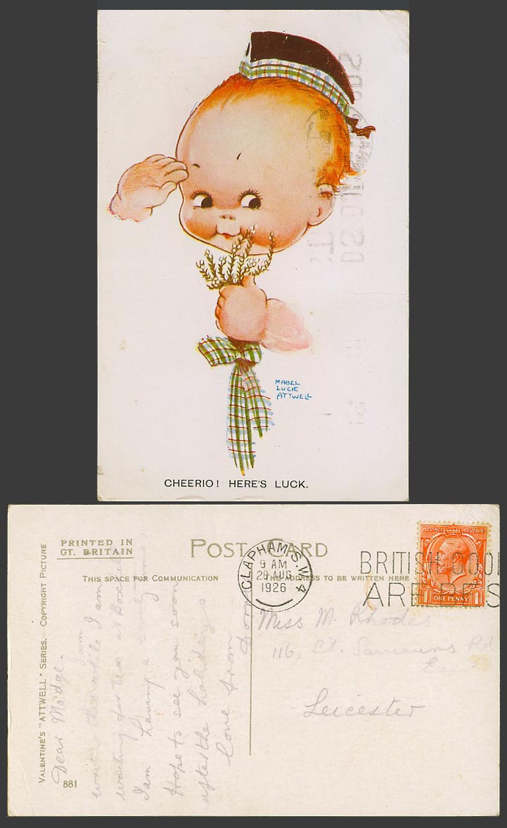 MABEL LUCIE ATTWELL 1926 Old Postcard Cheerio Here's Luck Boy or Girl Salute 881