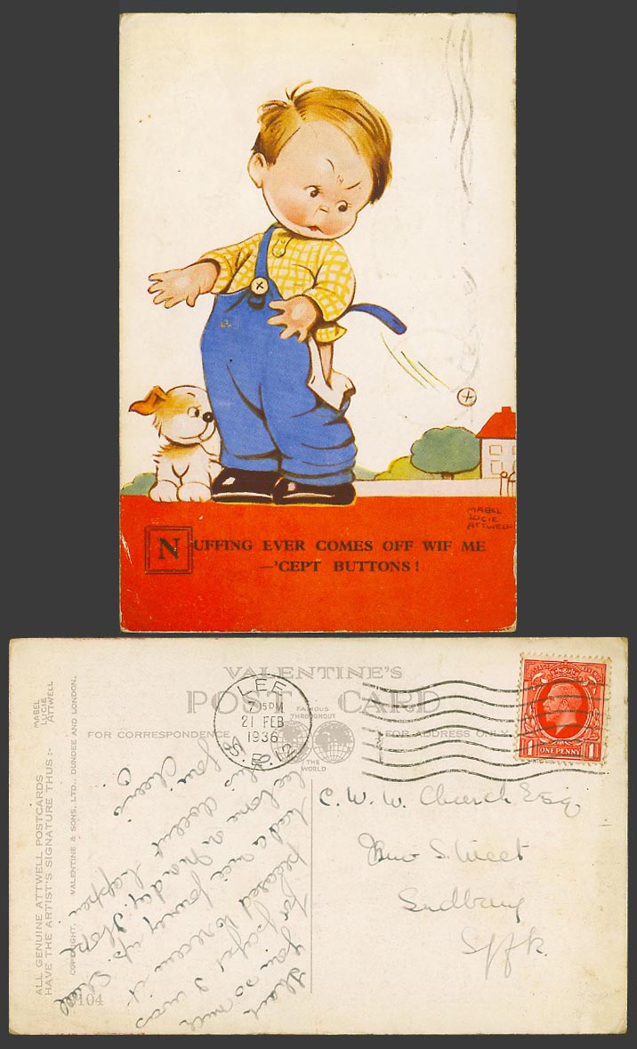 MABEL LUCIE ATTWELL 1936 Old Postcard Boy Dog Nuffing Come Off Cept Buttons 3104