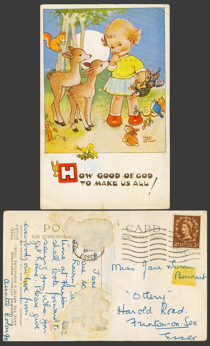 MABEL LUCIE ATTWELL 1956 Old Postcard How Good of God to Make Us All! Deer 5330