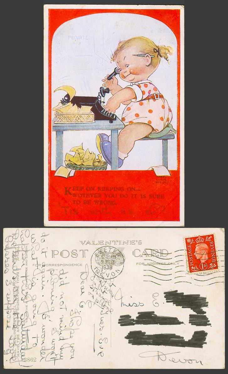 MABEL LUCIE ATTWELL 1938 Old Postcard Typewriter Keep On Keeping On - Phone 3862