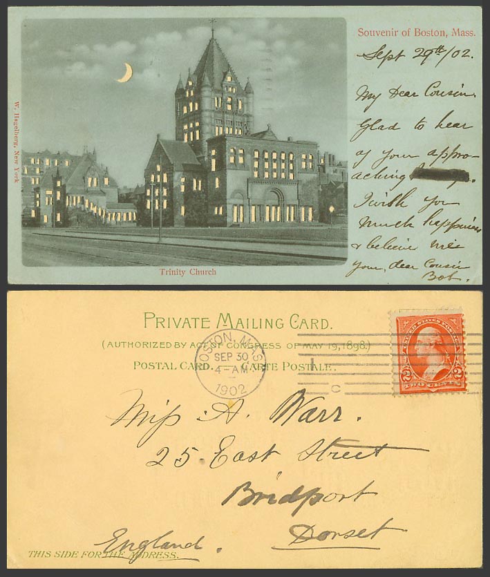 Hold To The Light USA 1902 Old Postcard Trinity Church, Souvenir of Boston Mass.